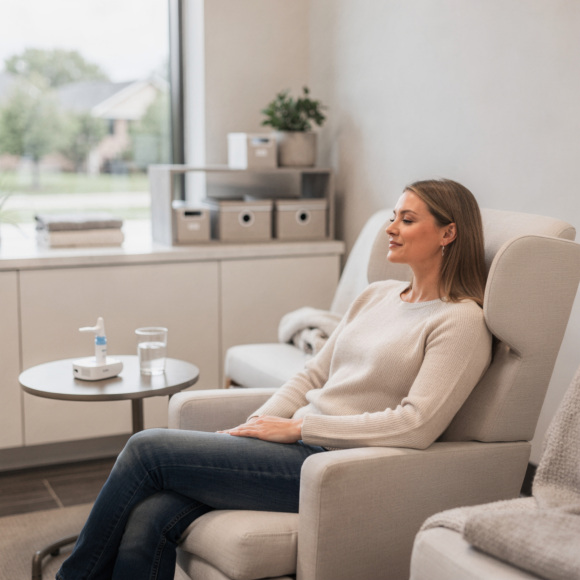 Patient relaxing in a comfortable chair during Spravato treatment at Neowellnez